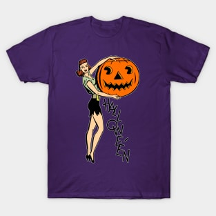 Halloween pinup girl holding a huge jack o lantern T-Shirt